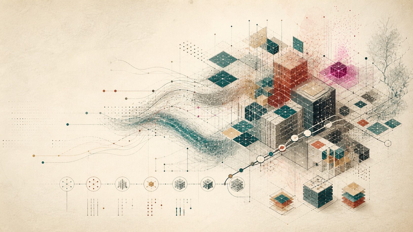 Abstract component grid showing agent sessions becoming reusable open-source infrastructure